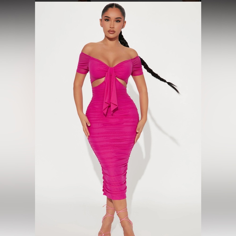 BRAND NEW Fashion Nova Simple And Sweet Mesh Ruched Dress - Fuchsia Size XL